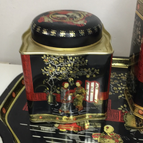 Vintage Asian Tin Tea Containers On Tray Decorative - Picture 4 of 16